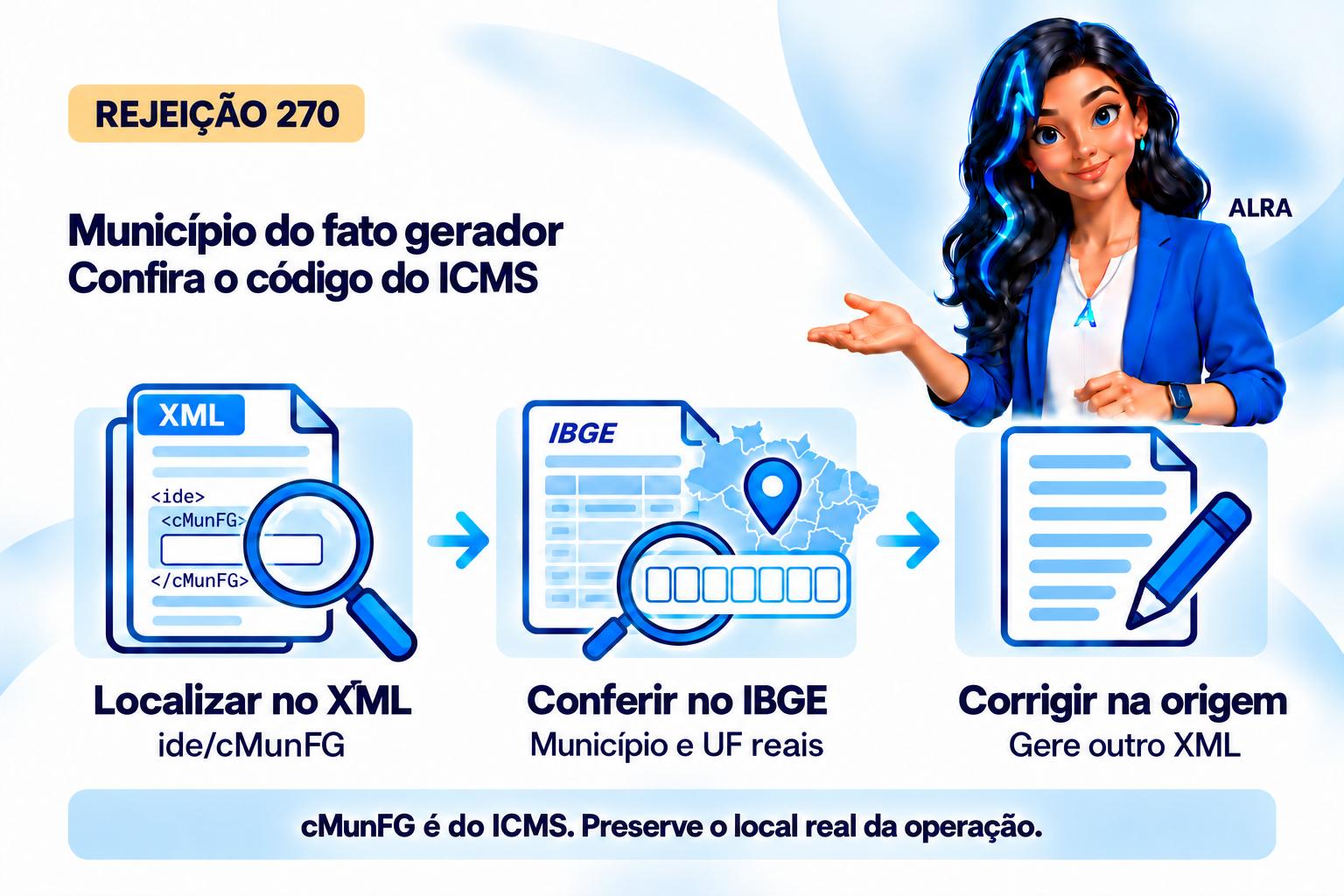 Capa ilustrada da ALRA: Rejeição 270: como corrigir o município do fato gerador do ICMS.