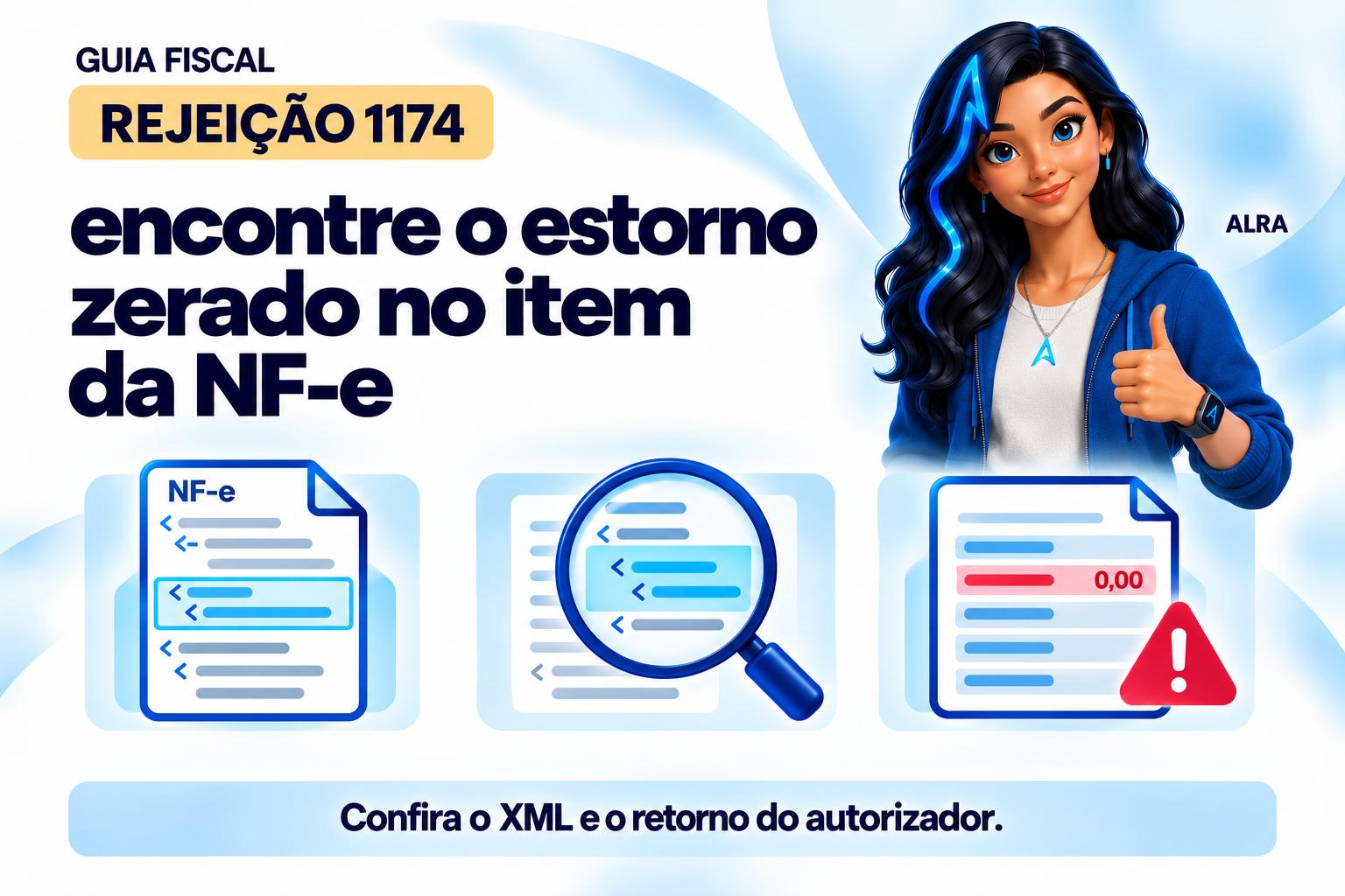 Capa ilustrada da ALRA: Rejeição 1174: encontre o estorno zerado no item da NF-e.