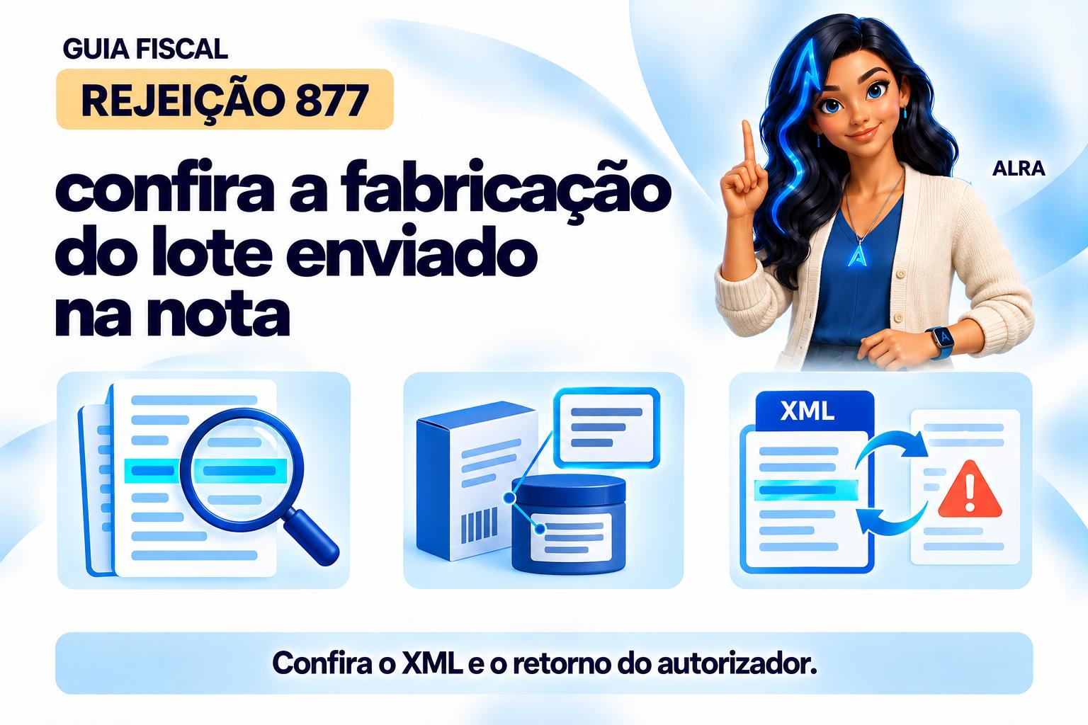 Capa ilustrada da ALRA: Rejeição 877: confira a fabricação do lote enviado na nota.