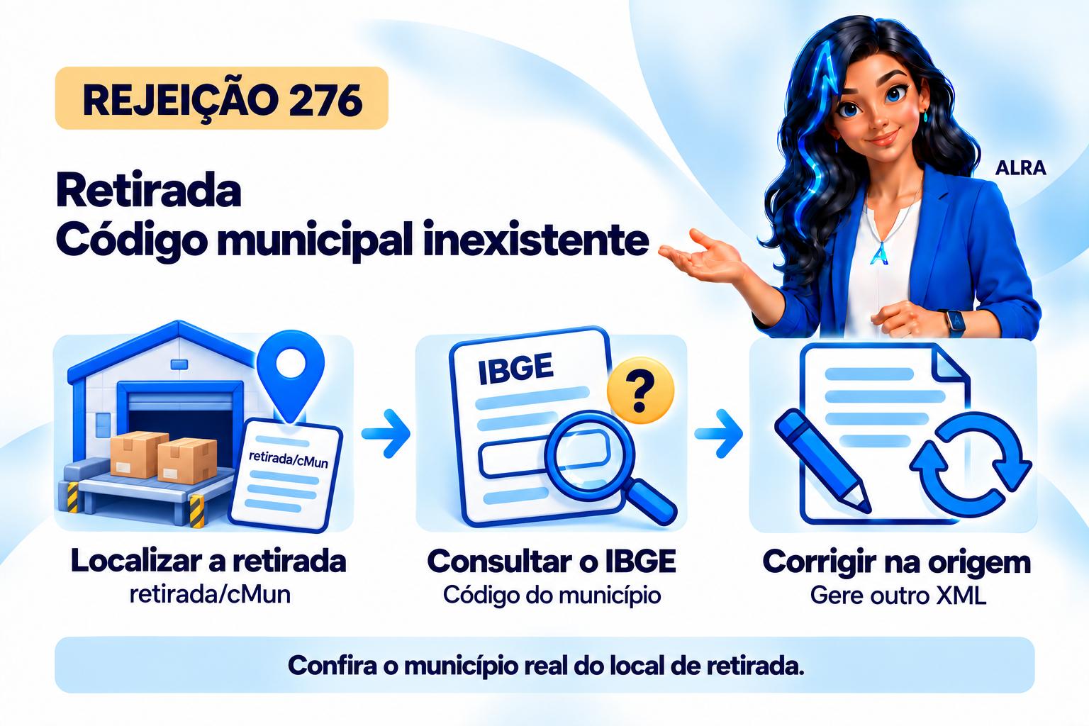 Capa ilustrada da ALRA: Rejeição 276: como corrigir o município do local de retirada.