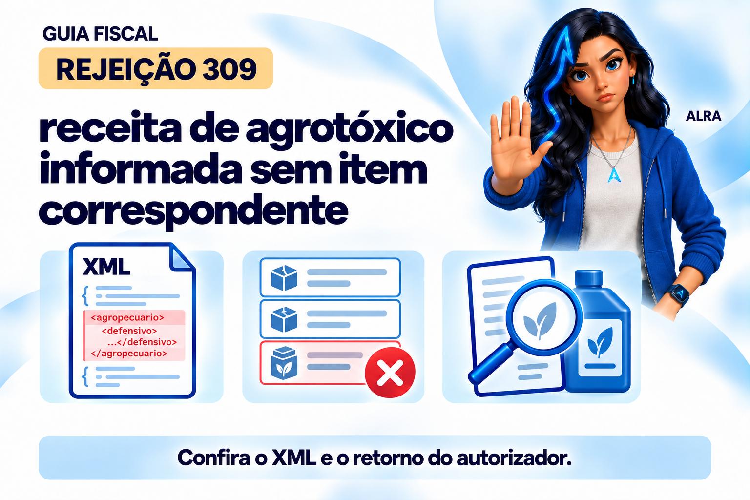 Capa ilustrada da ALRA: Rejeição 309: receita de agrotóxico informada sem item correspondente.