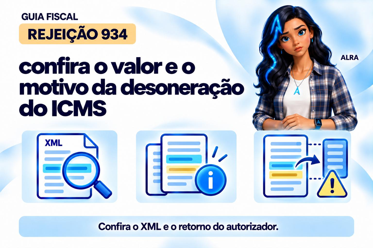 Capa ilustrada da ALRA: Rejeição 934: confira o valor e o motivo da desoneração do ICMS.