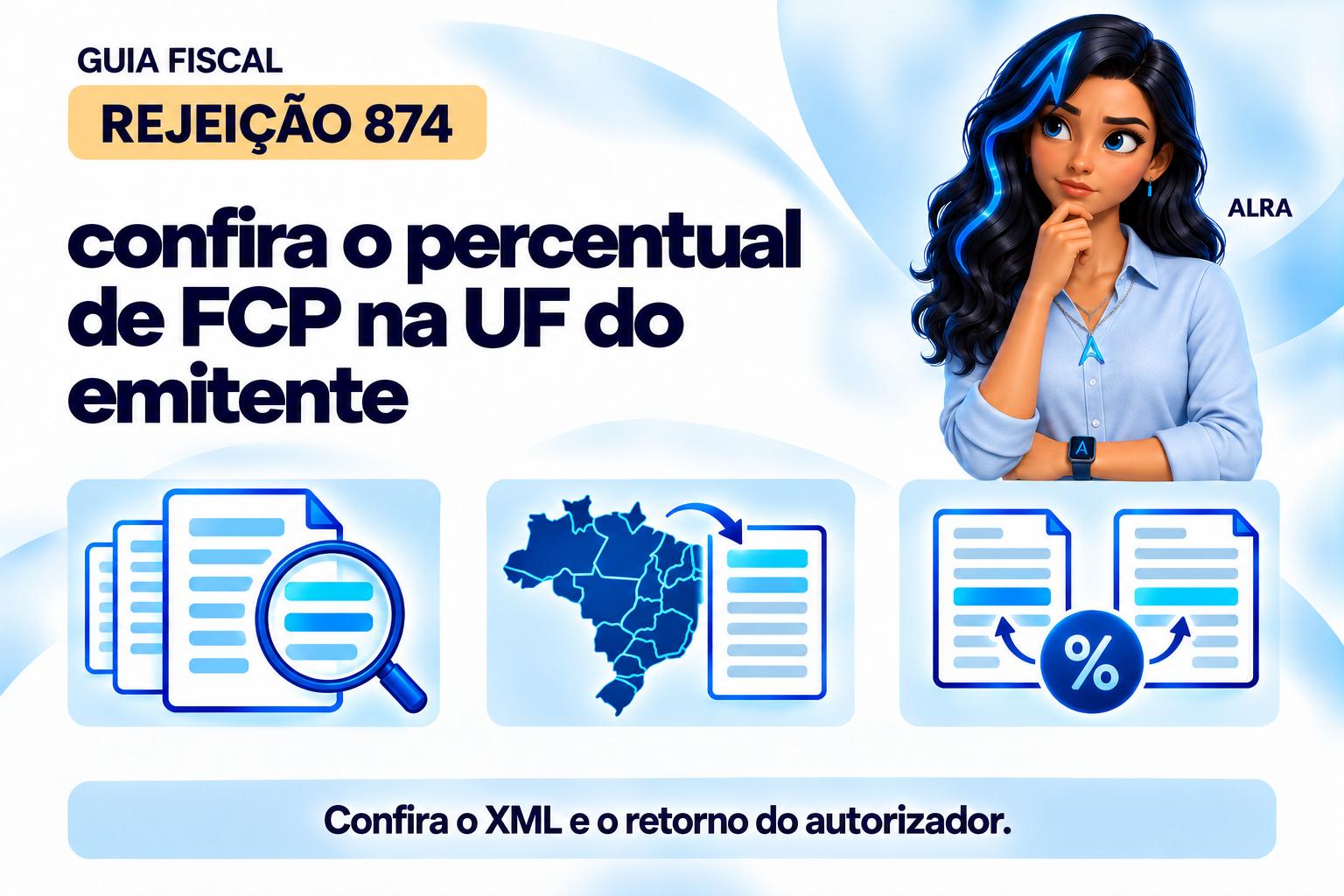 Capa ilustrada da ALRA: Rejeição 874: confira o percentual de FCP na UF do emitente.