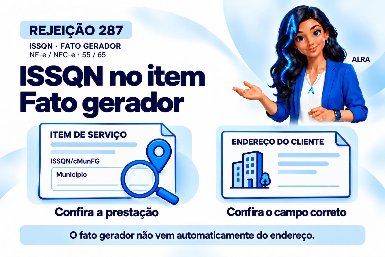 Capa ilustrada da ALRA: Rejeição 287: município do fato gerador do ISSQN inválido na NF-e.