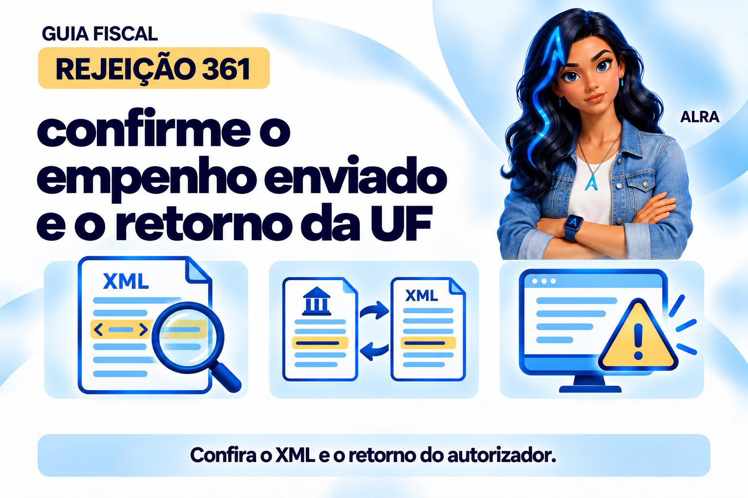 Capa ilustrada da ALRA: Rejeição 361: confirme o empenho enviado e o retorno da UF.