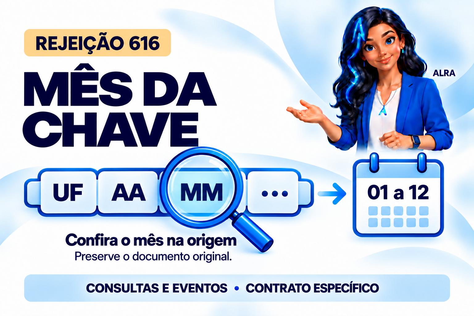 Capa ilustrada da ALRA: Rejeição 616: confira o mês da chave de acesso enviada.