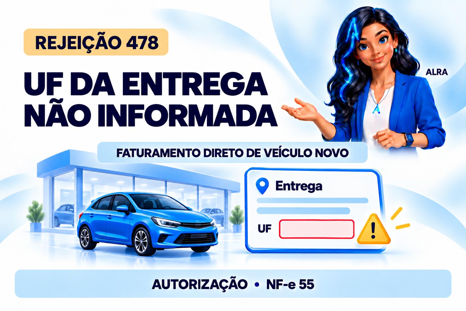 Capa ilustrada da ALRA: Rejeição 478: falta a UF da entrega no faturamento direto de veículo novo.