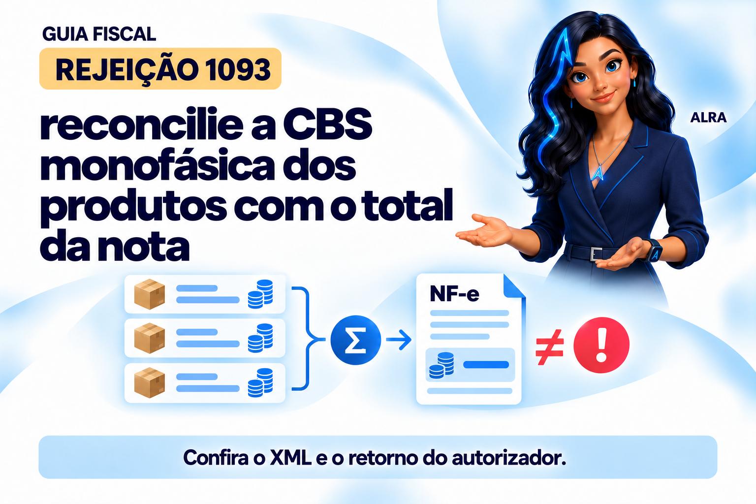 Capa ilustrada da ALRA: Rejeição 1093: reconcilie a CBS monofásica dos produtos com o total da nota.
