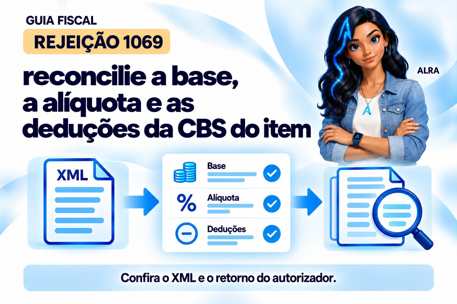 Capa ilustrada da ALRA: Rejeição 1069: reconcilie a base, a alíquota e as deduções da CBS do item.