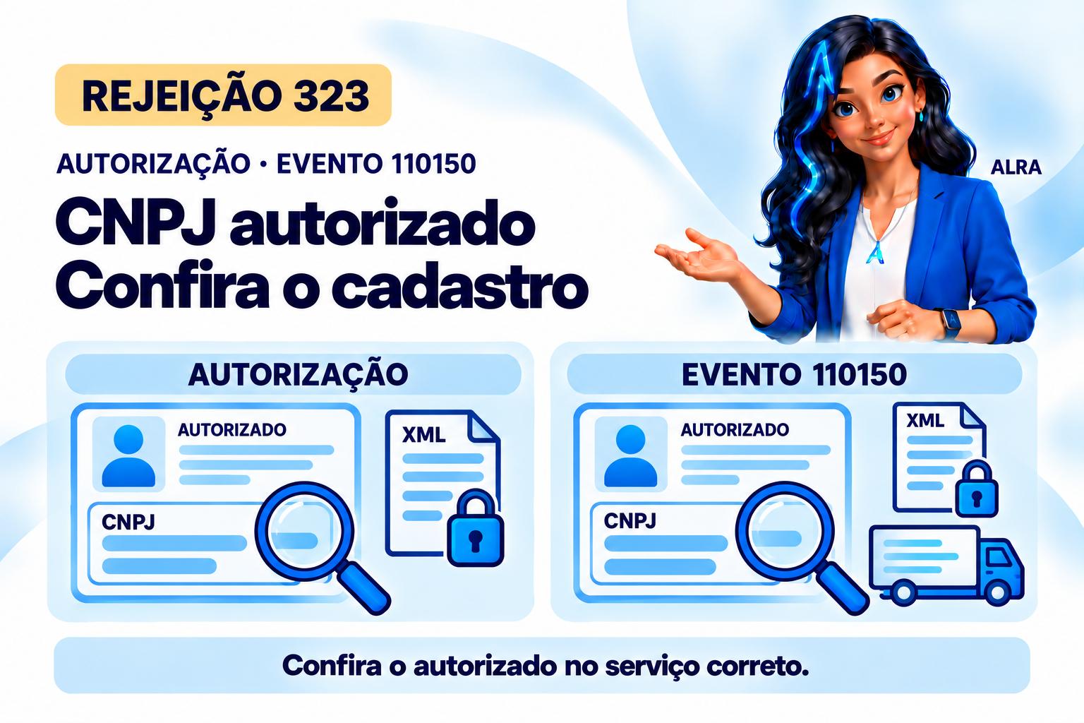 Capa ilustrada da ALRA: Rejeição 323: como corrigir o CNPJ autorizado a acessar o XML.