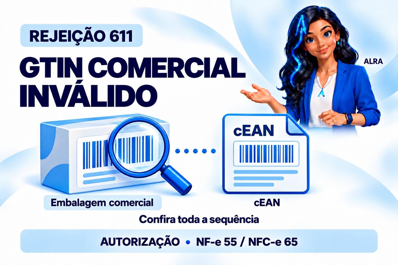 Capa ilustrada da ALRA: Rejeição 611: como conferir o GTIN comercial informado na nota.