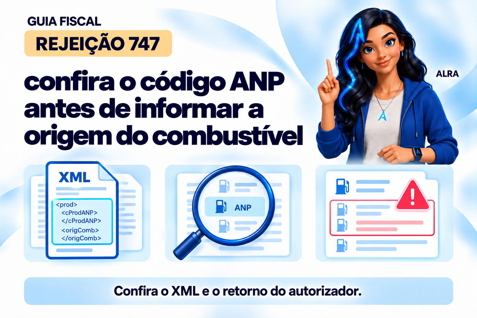Capa ilustrada da ALRA: Rejeição 747: confira o código ANP antes de informar a origem do combustível.