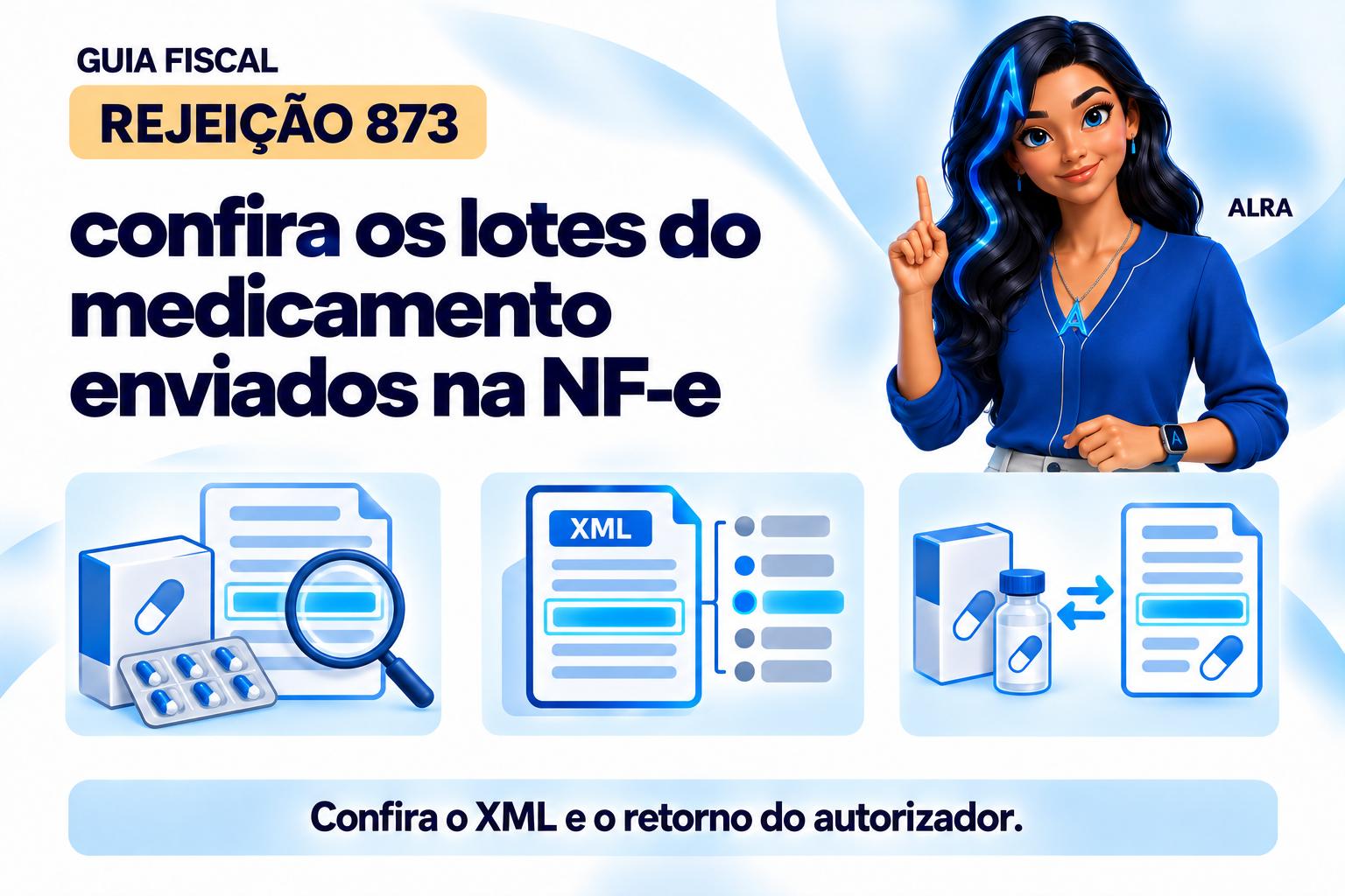 Capa ilustrada da ALRA: Rejeição 873: confira os lotes do medicamento enviados na NF-e.