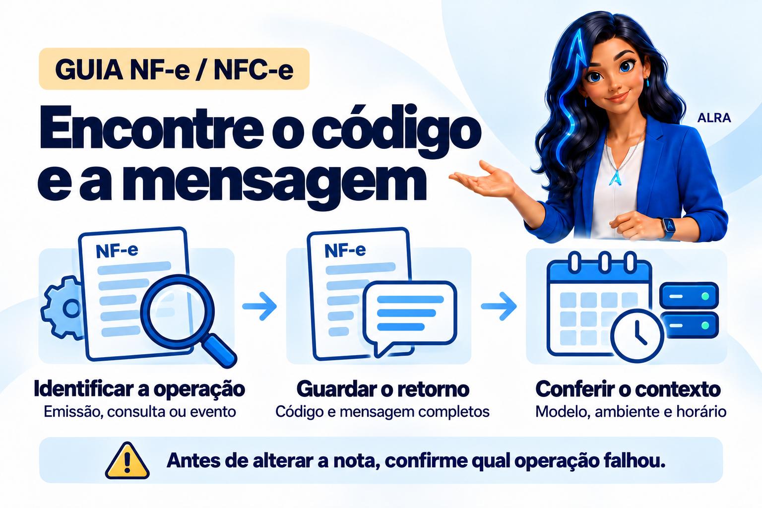 Capa ilustrada da ALRA: Como identificar o código e a mensagem de um erro de NF-e ou NFC-e.