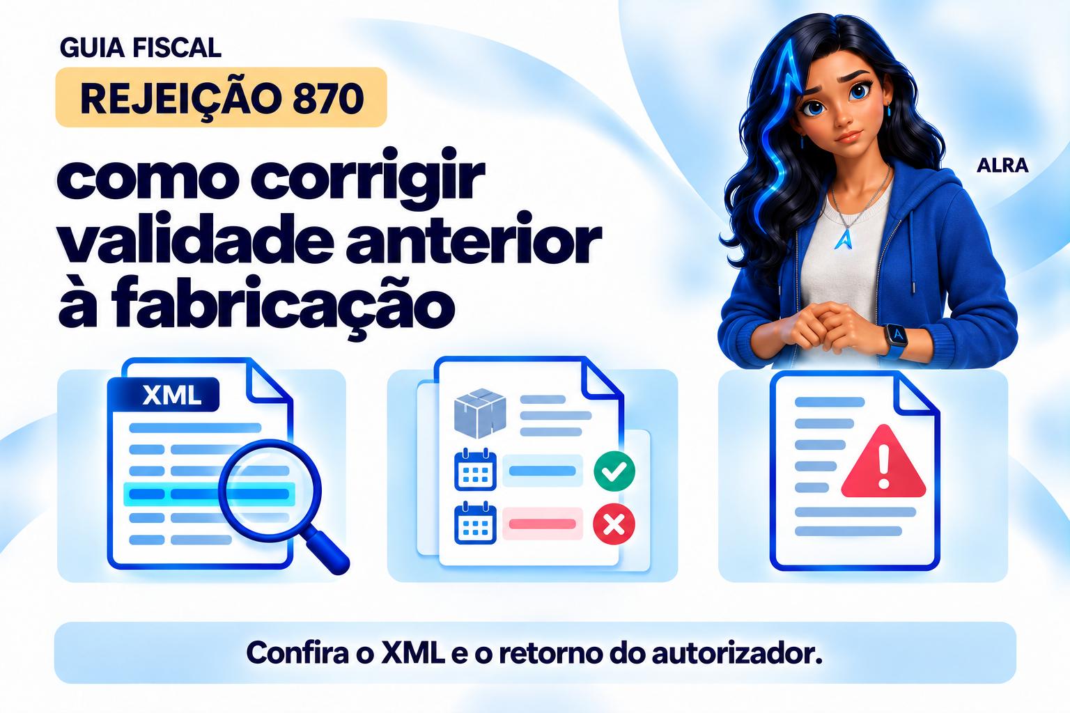 Capa ilustrada da ALRA: Rejeição 870: como corrigir validade anterior à fabricação.