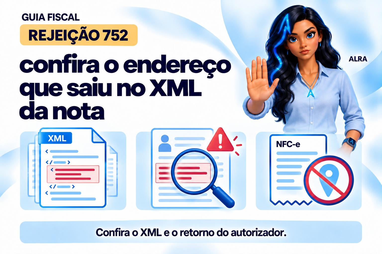 Capa ilustrada da ALRA: Rejeição 752: confira o endereço que saiu no XML da nota.