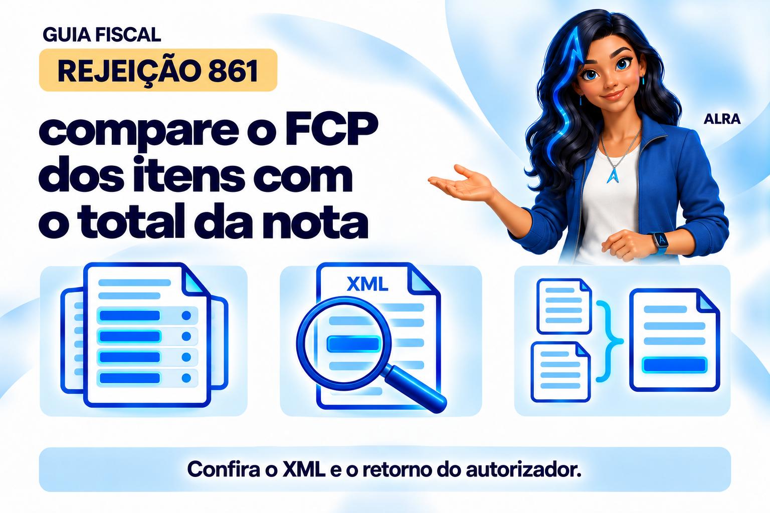 Capa ilustrada da ALRA: Rejeição 861: compare o FCP dos itens com o total da nota.