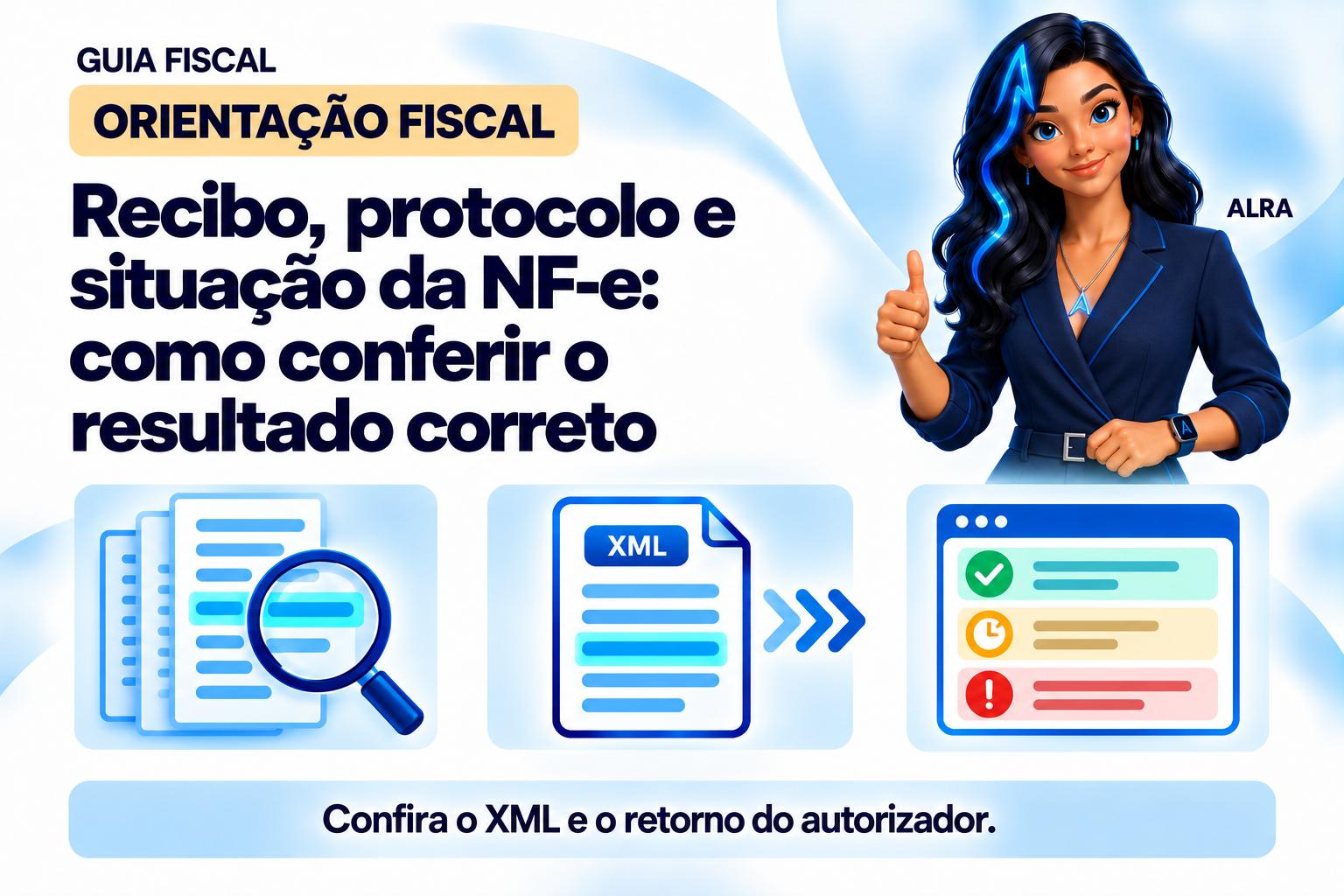 Capa ilustrada da ALRA: Recibo, protocolo e situação da NF-e: como conferir o resultado correto.