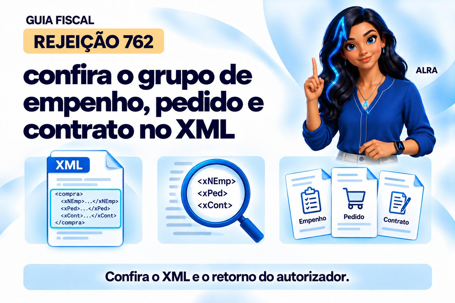Capa ilustrada da ALRA: Rejeição 762: confira o grupo de empenho, pedido e contrato no XML.