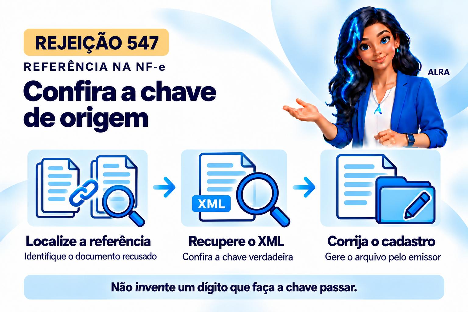 Capa ilustrada da ALRA: Rejeição 547: como conferir o DV da chave referenciada.