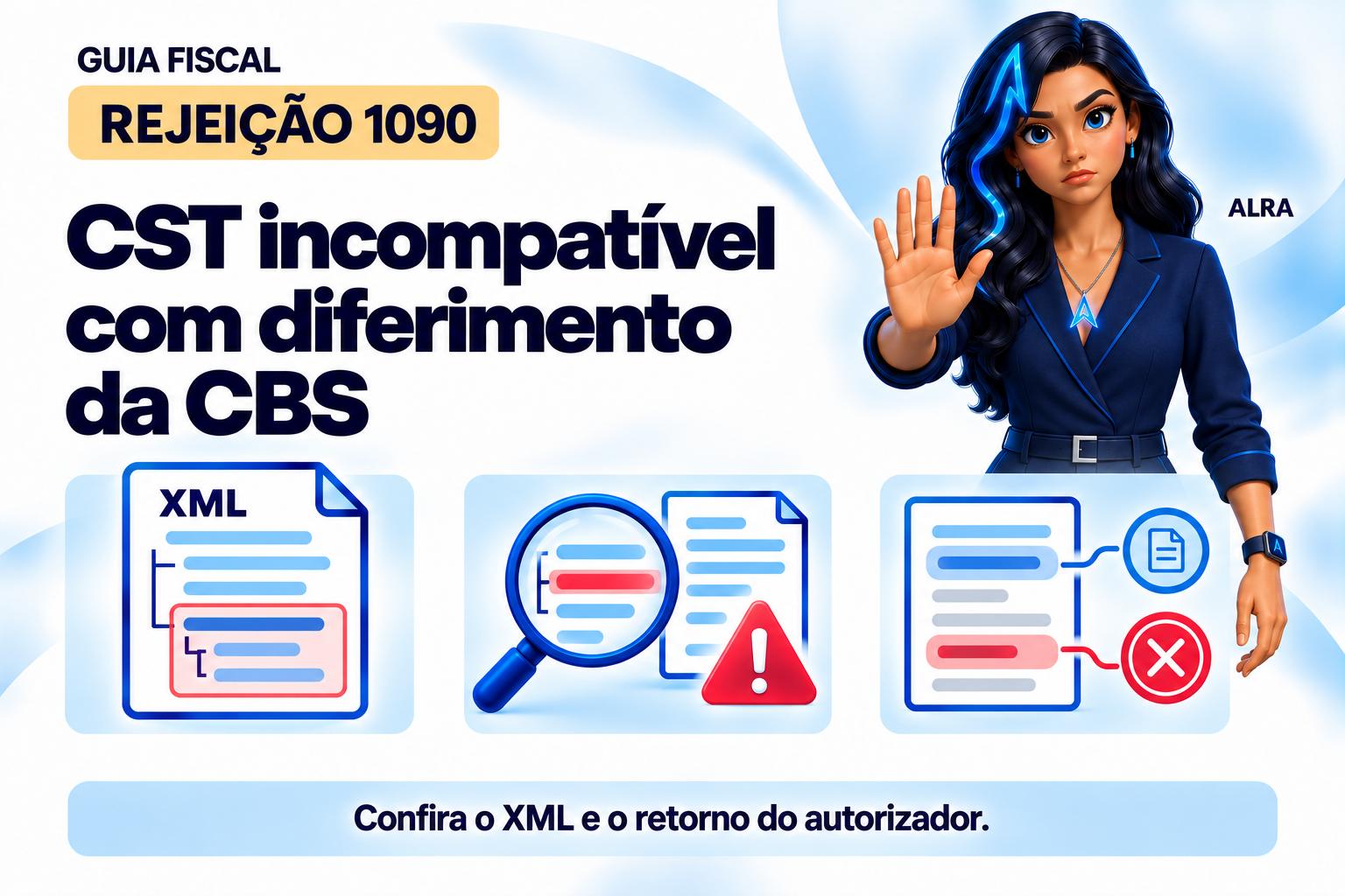 Capa ilustrada da ALRA: Rejeição 1090: CST incompatível com diferimento da CBS.