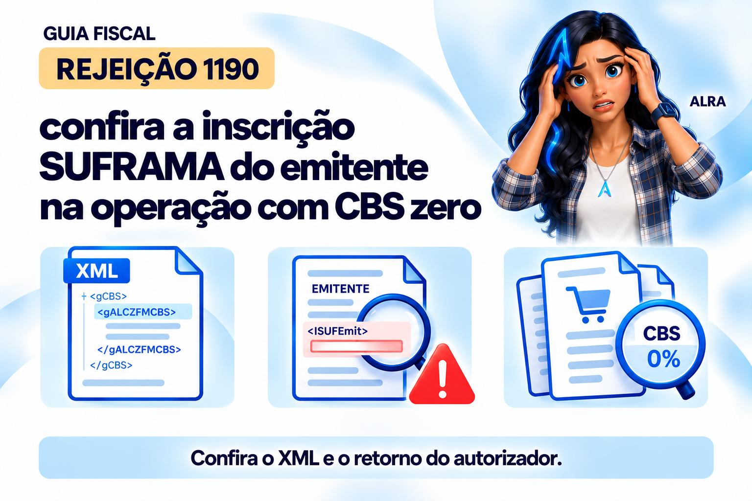 Capa ilustrada da ALRA: Rejeição 1190: confira a inscrição SUFRAMA do emitente na operação com CBS zero.