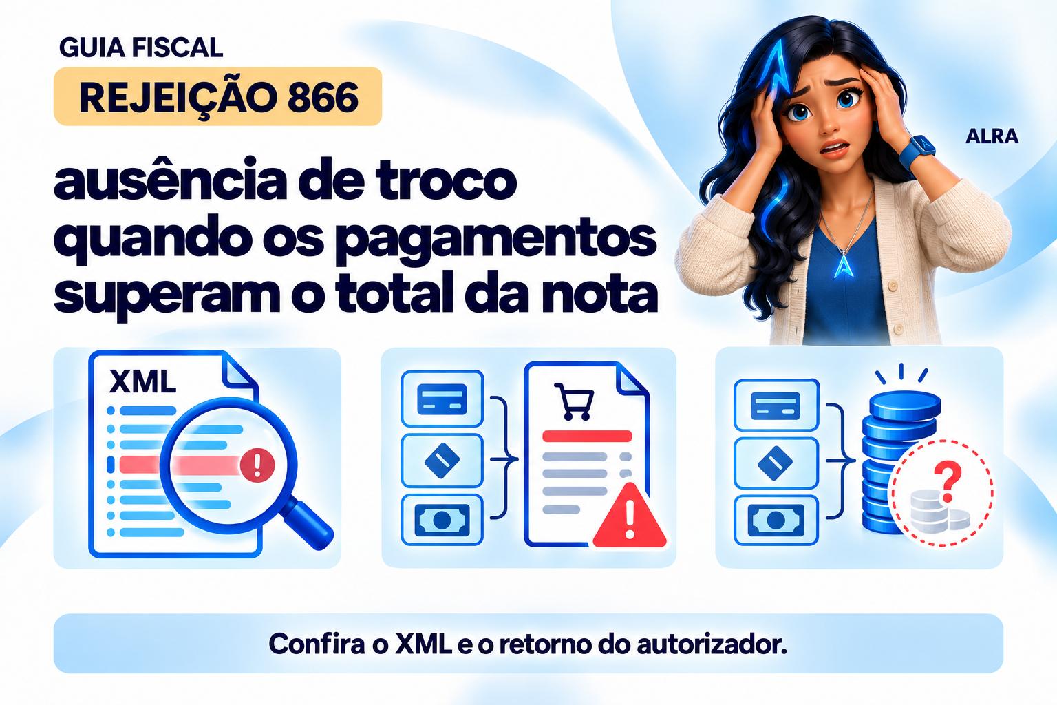 Capa ilustrada da ALRA: Rejeição 866: ausência de troco quando os pagamentos superam o total da nota.