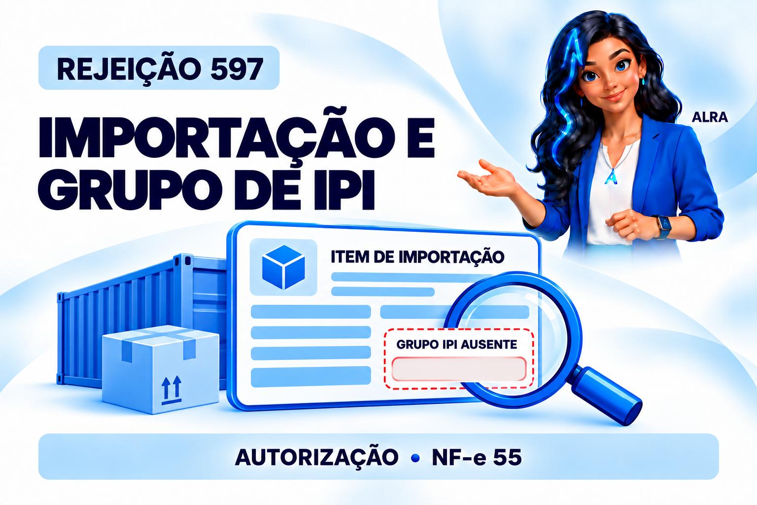 Capa ilustrada da ALRA: Rejeição 597 na NF-e de importação sem grupo de IPI.