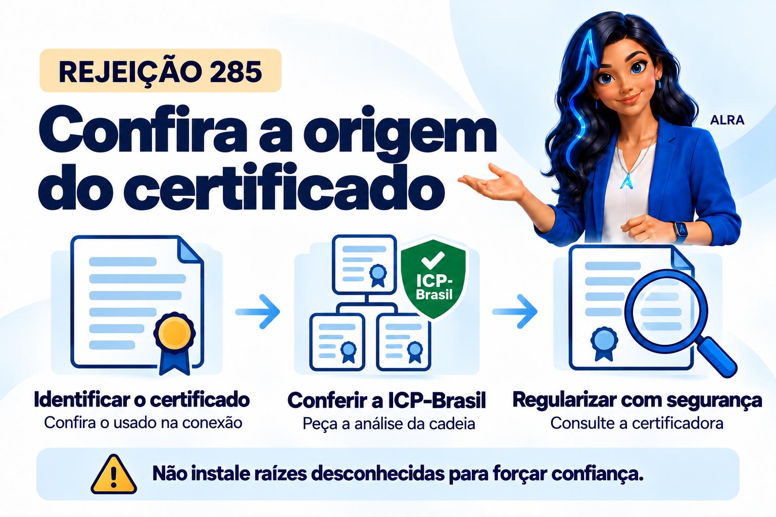 Capa ilustrada da ALRA: Rejeição 285: como verificar se o certificado transmissor pertence à ICP-Brasil.