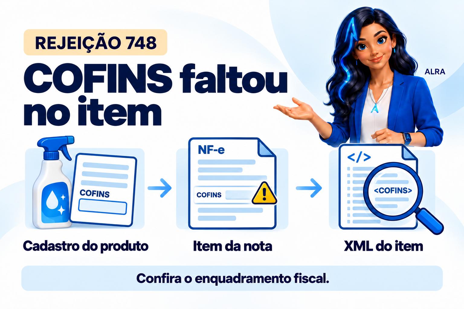 Capa ilustrada da ALRA: Rejeição 748: como recuperar o grupo COFINS que faltou no item da NF-e.