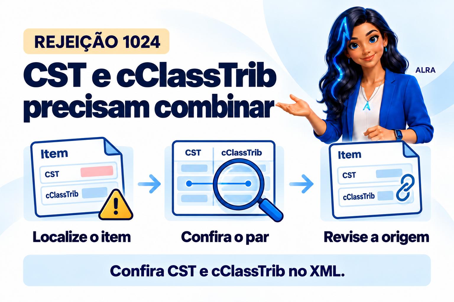 Capa ilustrada da ALRA: Rejeição 1024: confira o par CST e cClassTrib do item antes de reenviar.