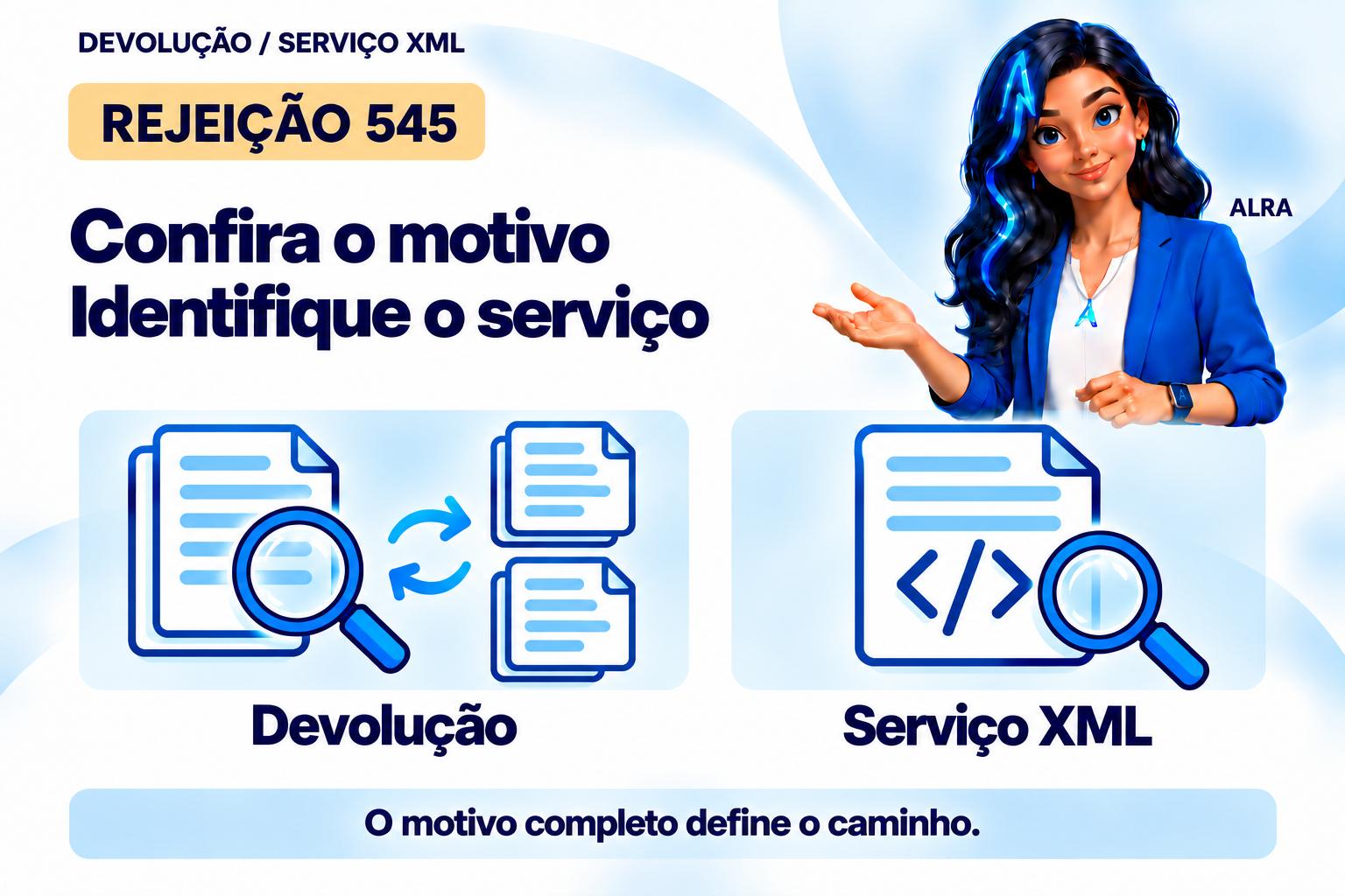 Capa ilustrada da ALRA: Rejeição 545: diferencie devolução com valor maior e falha de versão XML.