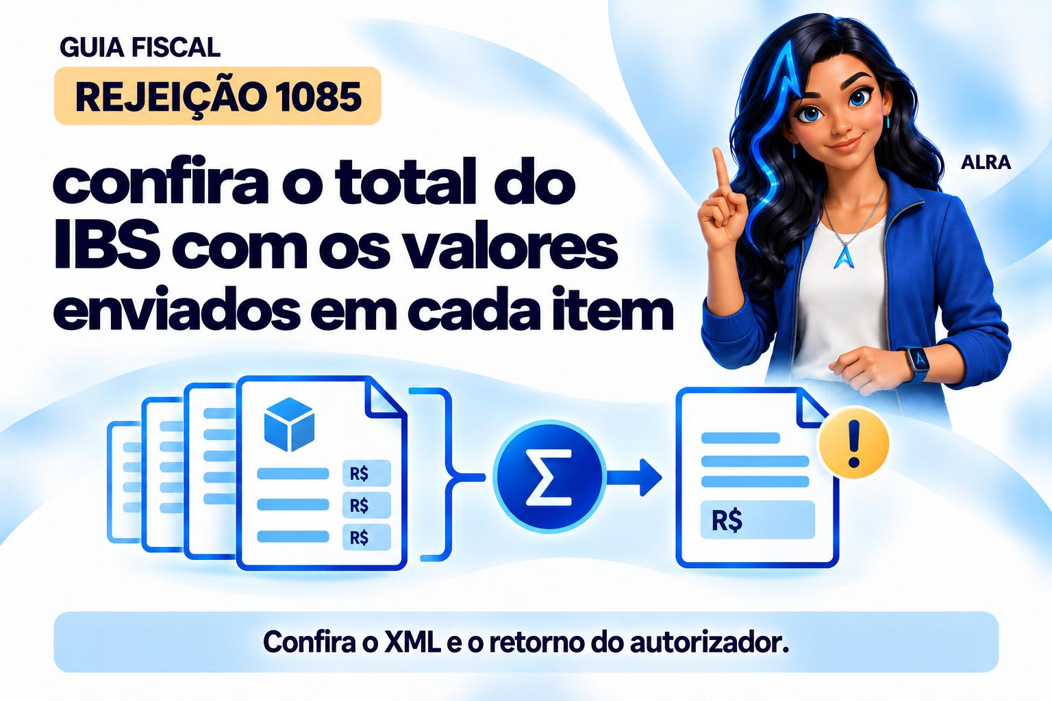 Capa ilustrada da ALRA: Rejeição 1085: confira o total do IBS com os valores enviados em cada item.