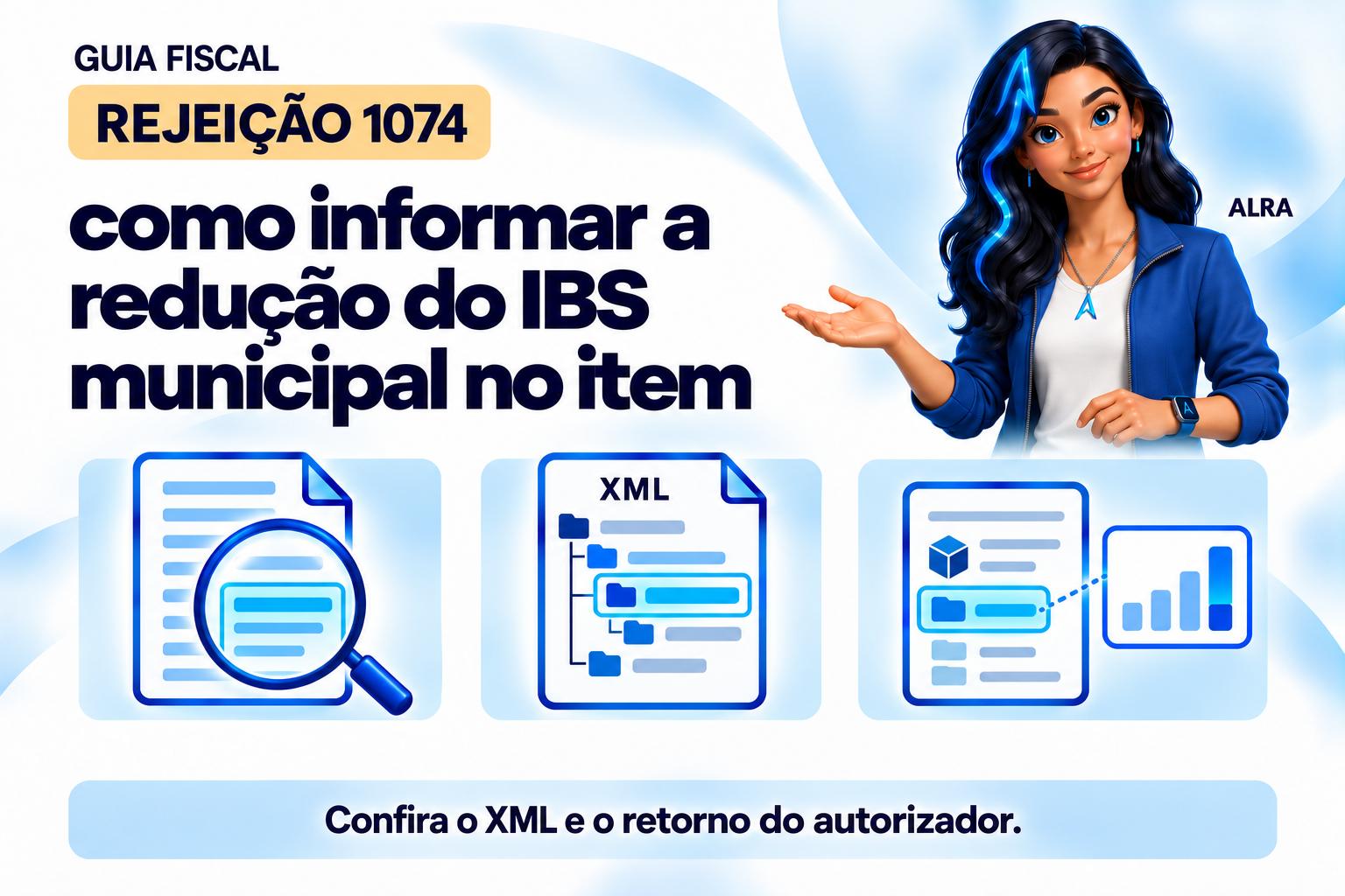 Capa ilustrada da ALRA: Rejeição 1074: como informar a redução do IBS municipal no item.