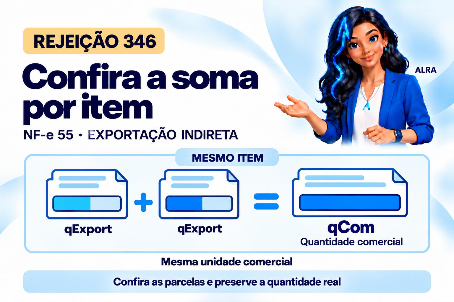 Capa ilustrada da ALRA: Rejeição 346: a quantidade da exportação indireta precisa fechar por item.