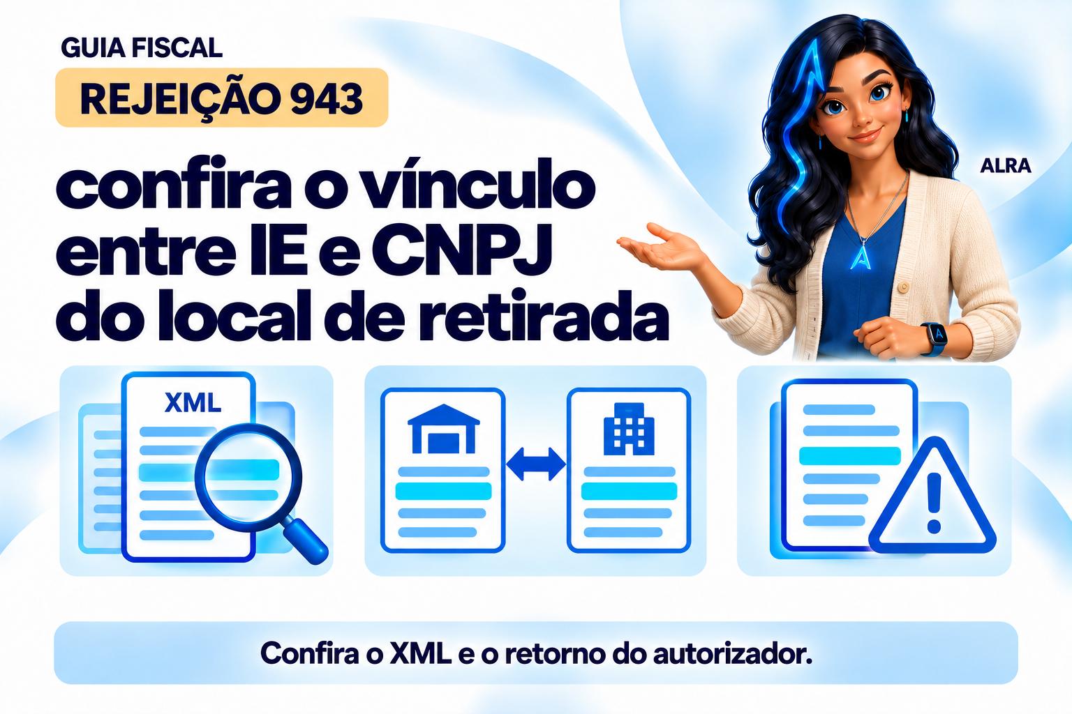 Capa ilustrada da ALRA: Rejeição 943: confira o vínculo entre IE e CNPJ do local de retirada.