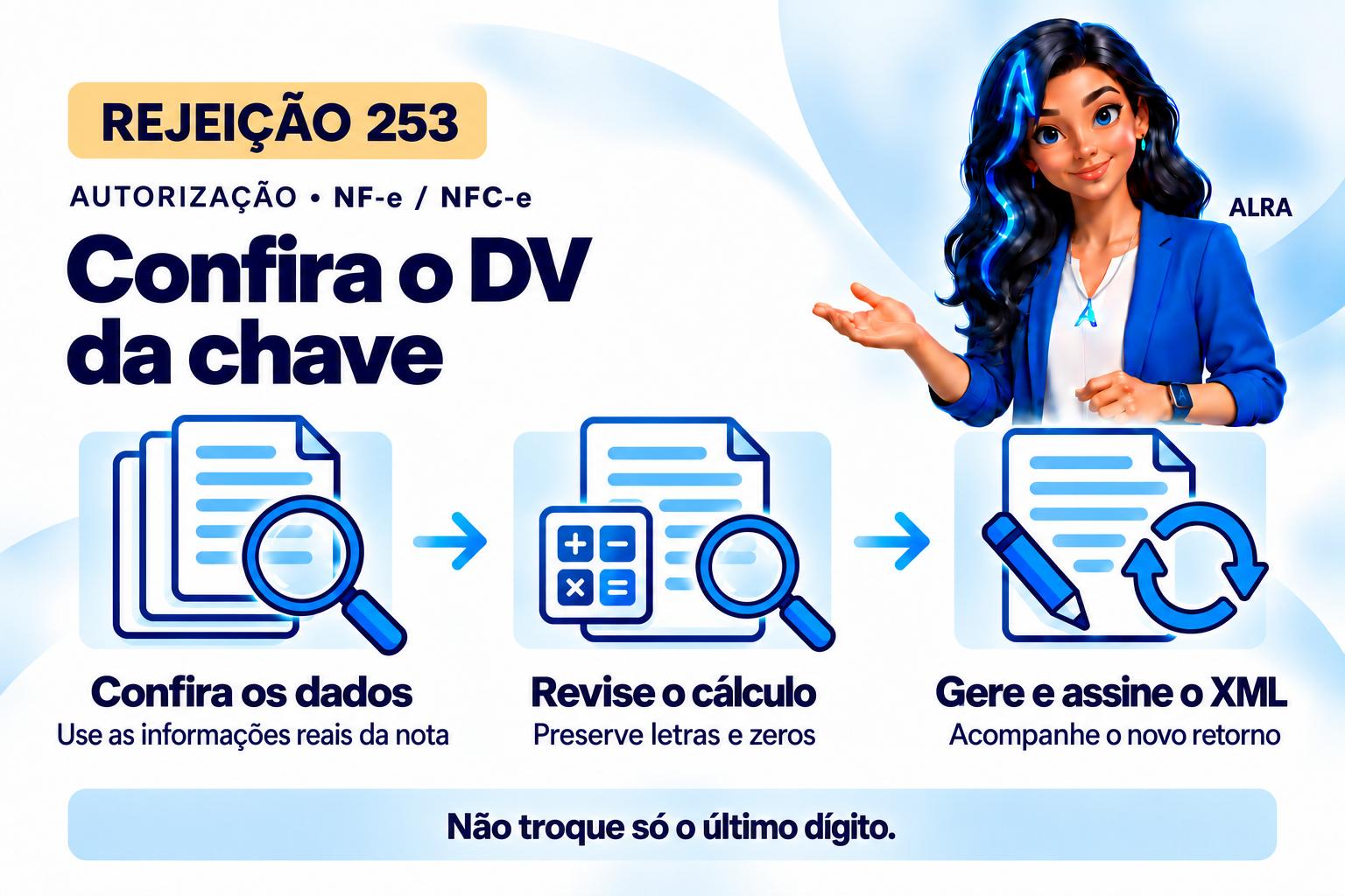 Capa ilustrada da ALRA: Rejeição 253: como corrigir o dígito verificador da chave de acesso.