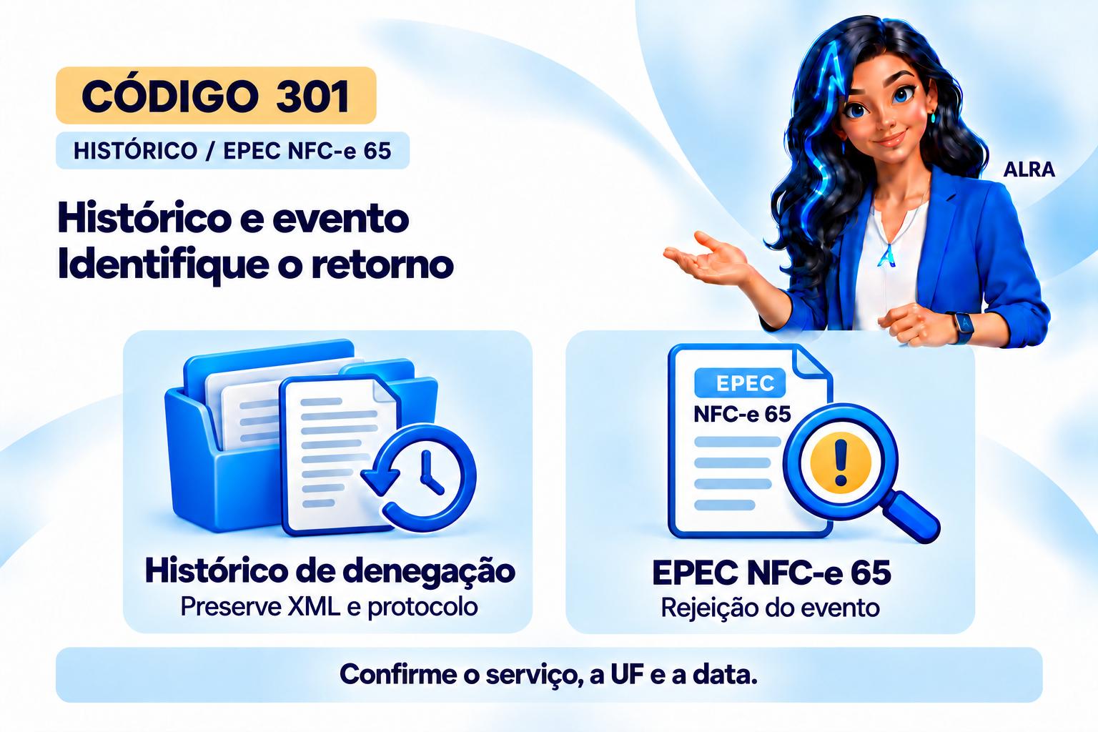 Capa ilustrada da ALRA: Código 301 na NF-e e o que mudou na denegação do emitente.