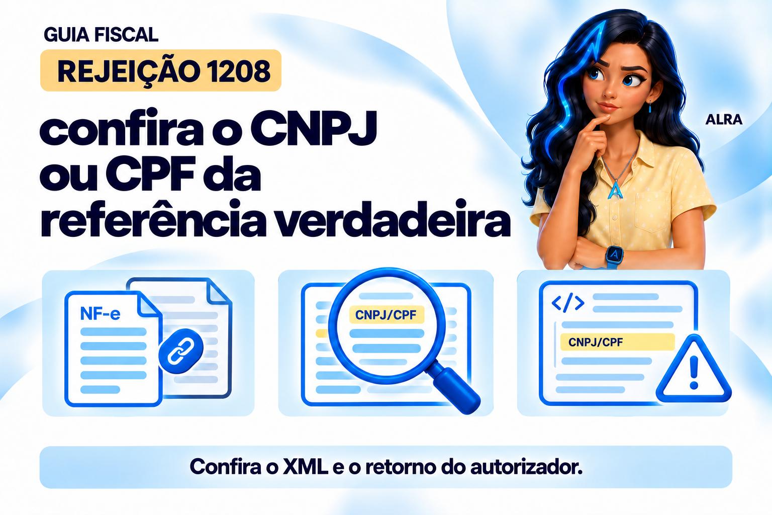 Capa ilustrada da ALRA: Rejeição 1208: confira o CNPJ ou CPF da referência verdadeira.