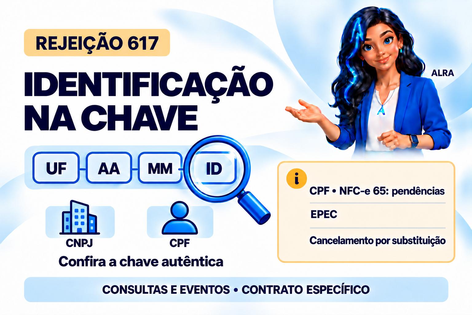 Capa ilustrada da ALRA: Rejeição 617: confira a identificação contida na chave de acesso.