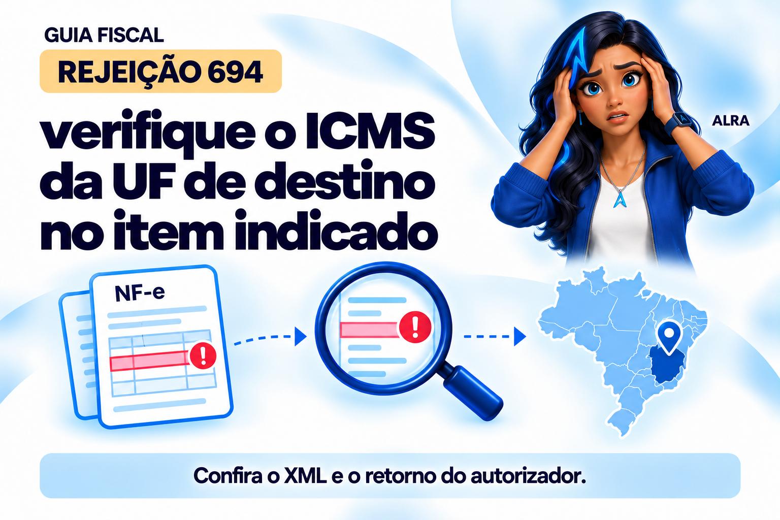Capa ilustrada da ALRA: Rejeição 694: verifique o ICMS da UF de destino no item indicado.