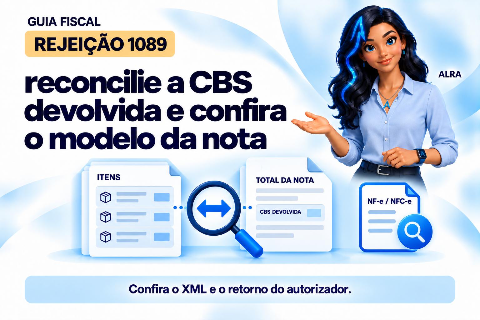 Capa ilustrada da ALRA: Rejeição 1089: reconcilie a CBS devolvida e confira o modelo da nota.