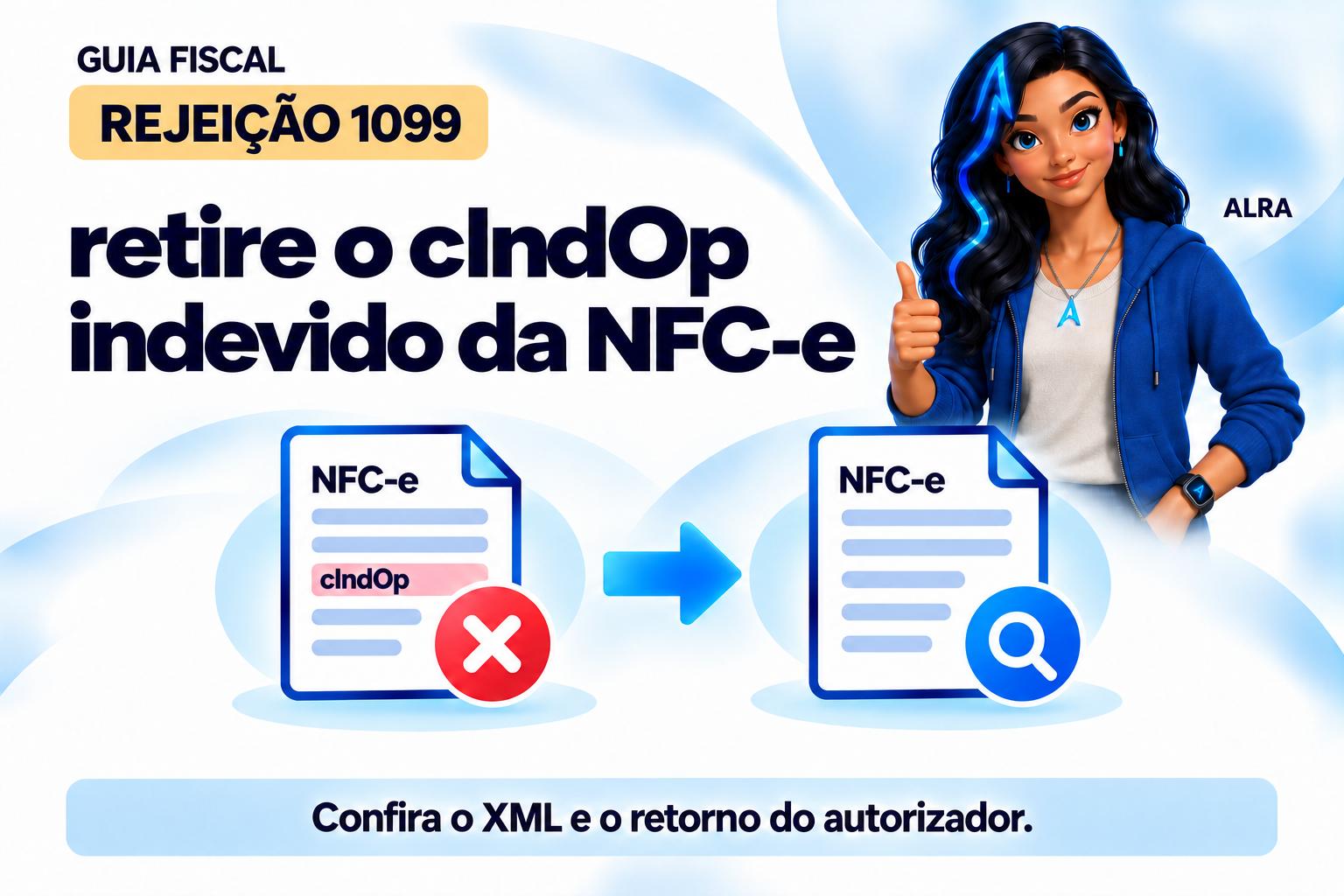 Capa ilustrada da ALRA: Rejeição 1099: retire o cIndOp indevido da NFC-e.