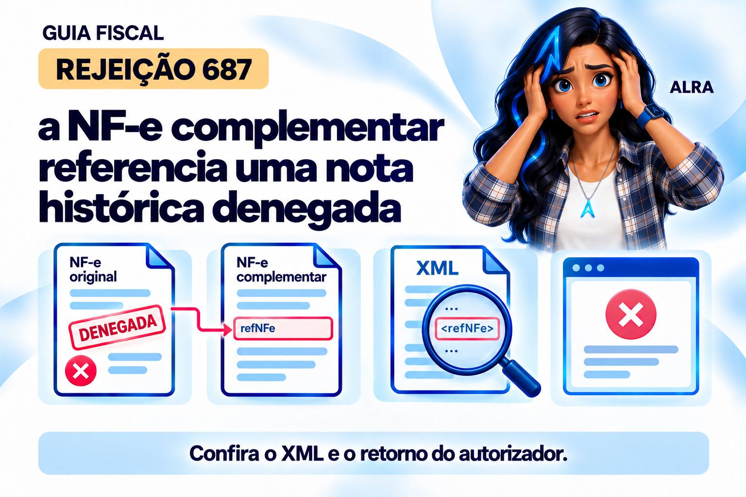 Capa ilustrada da ALRA: Rejeição 687: a NF-e complementar referencia uma nota histórica denegada.