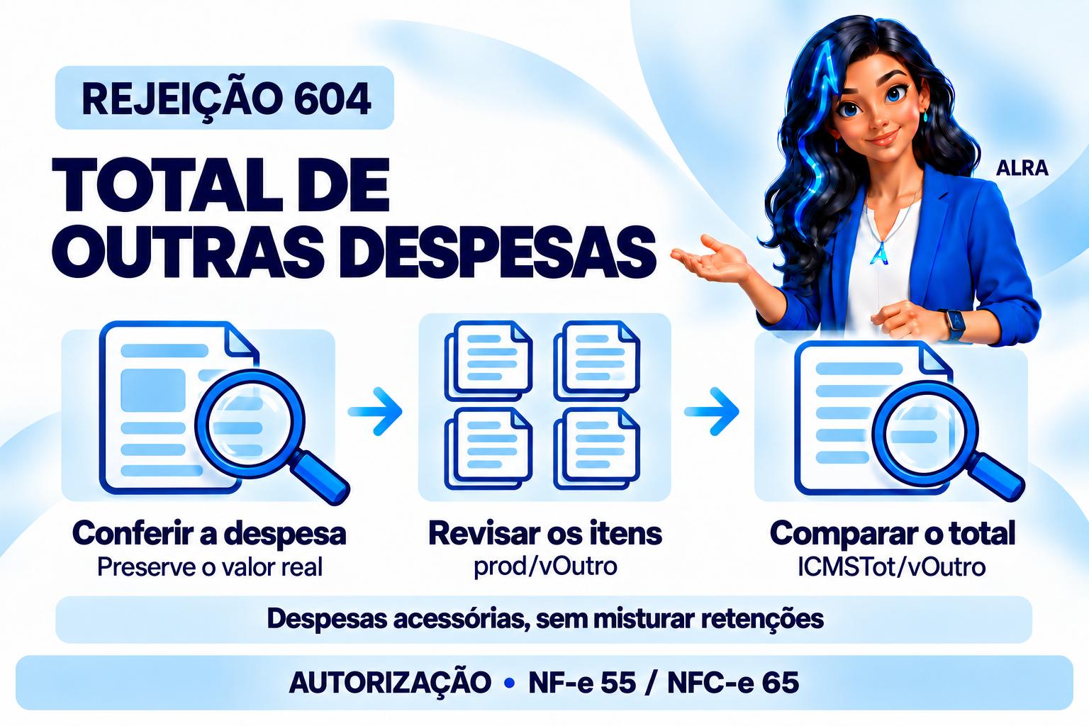 Capa ilustrada da ALRA: Rejeição 604: como conferir outras despesas nos itens e no total.