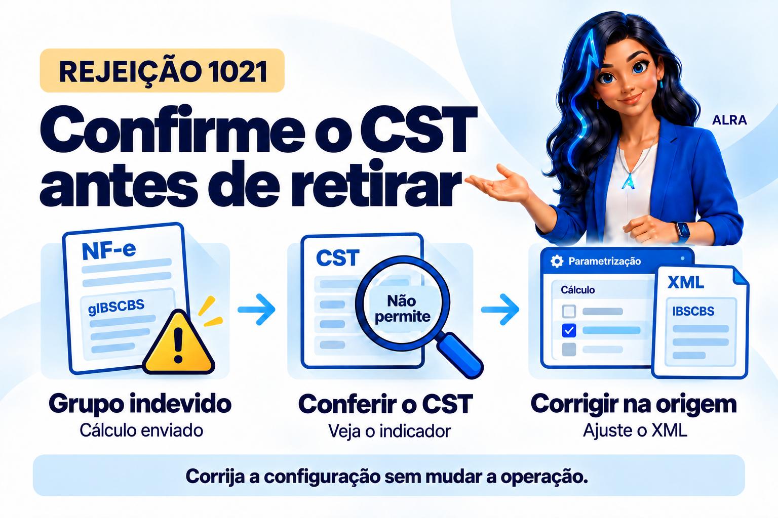 Capa ilustrada da ALRA: Rejeição 1021: retire o grupo gIBSCBS somente depois de confirmar o CST.