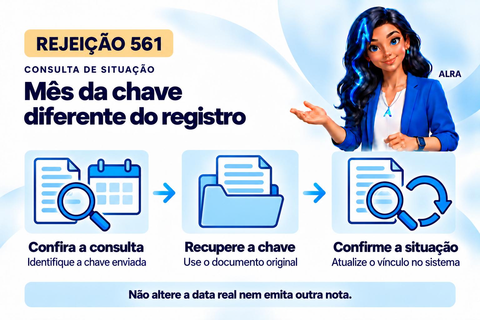 Capa ilustrada da ALRA: Rejeição 561: mês da chave diferente do registro da Sefaz.