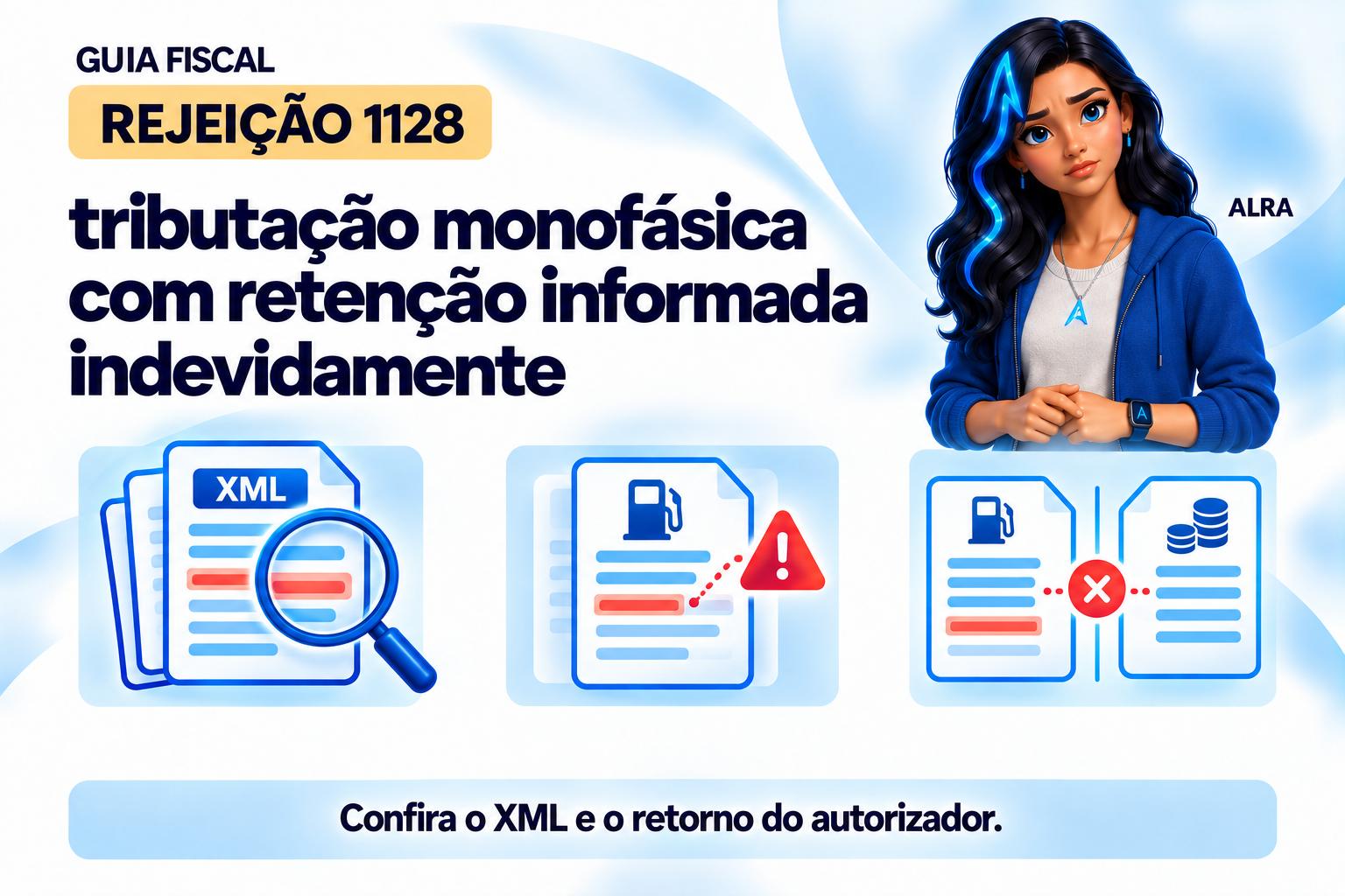 Capa ilustrada da ALRA: Rejeição 1128: tributação monofásica com retenção informada indevidamente.