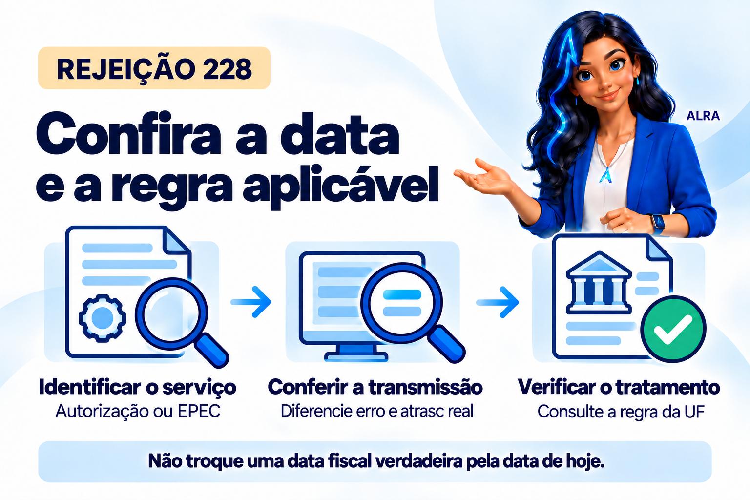 Capa ilustrada da ALRA: Rejeição 228: data de emissão muito atrasada, conforme o serviço e a versão.