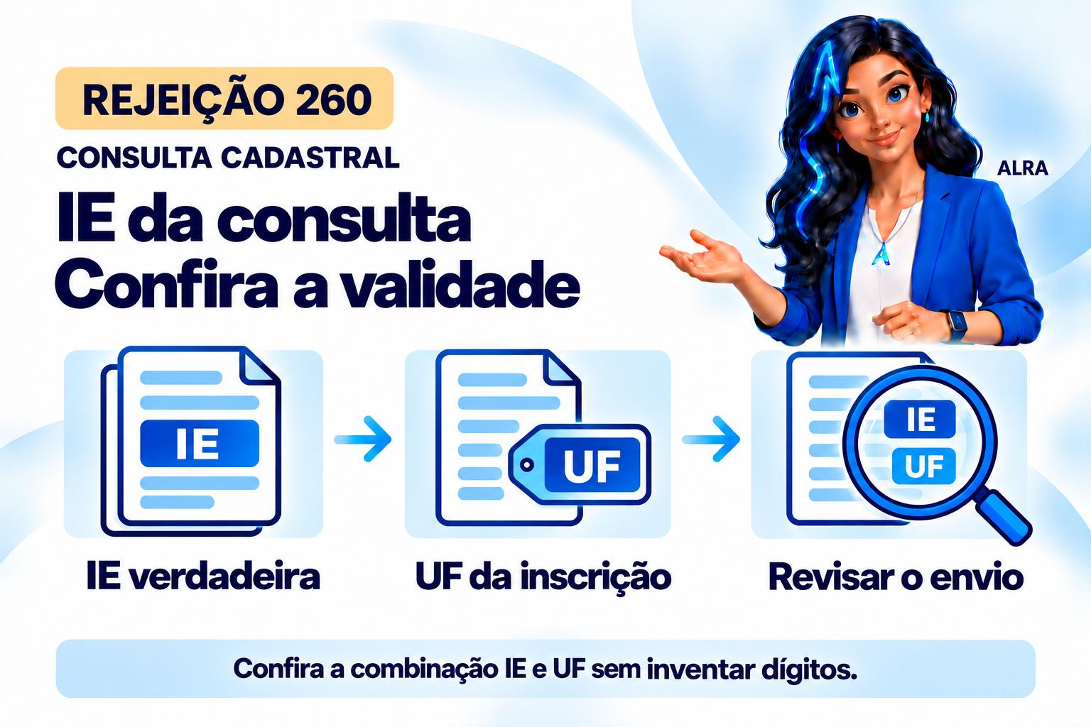 Capa ilustrada da ALRA: Rejeição 260 na consulta cadastral: como verificar a inscrição estadual.